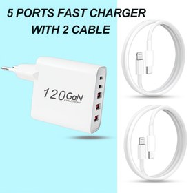 Resim USB C Duvar Şarj Cihazı, 2 Kablolu, 5 Portlu Hızlı Şarj Bloğu PD Güç Adaptörü Çoklu Port Tip C Kutu Kiremit iPhone 16/15/14 Pro Max Plus, iPad, Samsung Galaxy için 