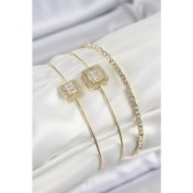 Resim Pirinç Zirkon Taşlı Baget Model Gold Renk Vip 3'lü Kadın Bileklik 