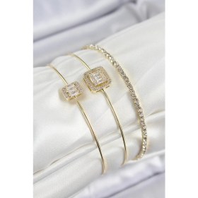 Resim Pirinç Zirkon Taşlı Baget Model Gold Renk Vip 3'lü Kadın Bileklik 