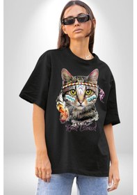 Resim Red Cloud Kedi Hintli Pamuklu Bisiklet Yaka Unisex Oversize Boyfriend Dijital Baskılı Siyah T-shirt Siyah 