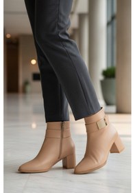 Resim Bej Dar Kalıp Streç Bilek Boy Sivri Burun Polarlı Topuklu Kadın Bot 262326 Z Bej Cilt 