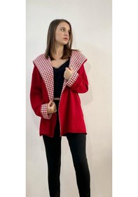 Resim Mois Atelier Kazayağı Detaylı Kırmızı Triko Hırka, Tasarım, Hediye, Büyük Beden, Tesettür Kırmızı 