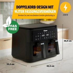 Resim Tristar Çift Sepetli Sıcak Hava Fritözü, 9 L Kapasite, 10 Program, Senkronizasyon Fonksiyonu, Dijital Ekran, Görüntüleme Penceresi, Pfas Içermez, Yağsız Sağlıklı Kızartma, 2500W, FR-9429 
