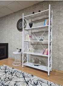 Resim Zafir Beyaz Boyalı Kitaplık - 5 Raflı Suntalem Lüks Kitaplık Beyaz Mermer 