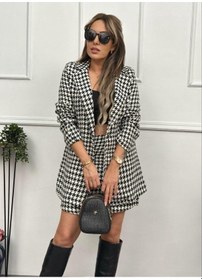 Resim Ge Ticaret Kadın Kazayağı Desen Vatka Detay Kaban Ve Yüksek Bel Etek Ikili Takım Beyaz 