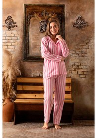 Resim Çizgili Düğmeli Gömlek Yaka Peluş Polar Pijama Takımı Pembe 