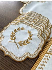 Resim Başak Krem Gold 12 Kişilik 37 Parça Masa Örtüsü Nakışlı Deri Runn 