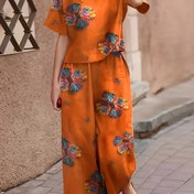 Resim Kadınların Çiçek Desenli Kısa Kollu Üst ve Pantolon Takımı - Tatil Stili, Polyester, Tüm Mevsim Giyim, Yuvarlak Yaka, Hafif Kumaş, Rahat Kıyafet|Çiçek Desenli Üst|Polyester Kumaş 