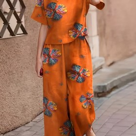 Resim Kadınların Çiçek Desenli Kısa Kollu Üst ve Pantolon Takımı - Tatil Stili, Polyester, Tüm Mevsim Giyim, Yuvarlak Yaka, Hafif Kumaş, Rahat Kıyafet|Çiçek Desenli Üst|Polyester Kumaş 