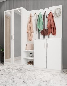 Resim Flora Aynalı Portmanto Vestiyer - Ücretsiz Kurulum - Beyaz 175 cm 