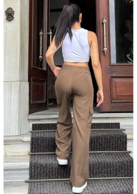 Resim WeShaya Kadın Kahve Beli Lastikli, Kargo Cepli, Bol Paça Kupra Kumaş Palazzo Pantolon - Tesettüre Uygun Kahve 