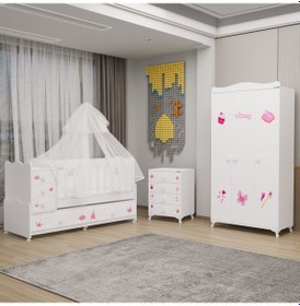 Resim Melina Yıldız 3 Kapaklı Bebek Odası + Yatak + Uyku Seti - Prenses Beyaz 