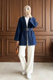 Resim MODAQU Kemerli Kot Kimono - Koyu Mavi 