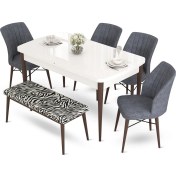 Resim Canisa Concept Aya Serisi, 80X132 Beyaz Masa Ceviz Ayak Mutfak Masa Takımı, 4 Sandalye 1 Bench 