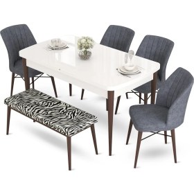 Resim Canisa Concept Aya Serisi, 80X132 Beyaz Masa Ceviz Ayak Mutfak Masa Takımı, 4 Sandalye 1 Bench 