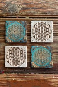 Resim Oscar Stone Decor Taş Bardak Altlığı Stone Coasters - 4Lü Set Yaşam Çiçeği Seti Ba546 