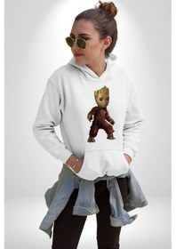 Resim Bebek Groot Guardians Galaxy Kadın Erkek Beyaz Kapüşonlu Sweatshirt Hoodie Beyaz 