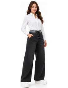 Resim Kübra Kadın Bol Jean Pantolon Beli Ribana Lastikli Bgl-st05385 Füme 