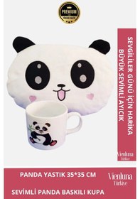 Resim Özel Tasarım Sevgililer Doğum Günü Manita Sevgili Baskılı Kupa Bardak Hediyeli Peluş Panda Yastık 