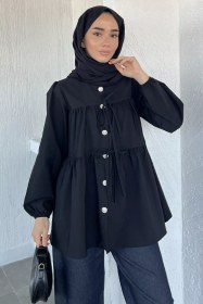 Resim Gülseli Bağcık Detaylı Tesettür Tunik Siyah TZL-P-00021788 