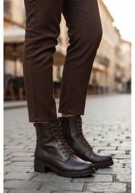 Resim Aspor Kahve Hakiki Deri Fermuarlı Bağcık Detaylı Kadın Topuklu Bot Çok Renkli 