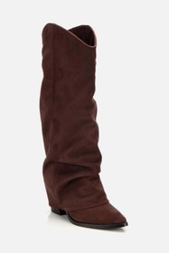 Resim Yaya by Hotiç Kadın Süet Kahverengi Dikiş Detaylı Western Kalın Topuklu Çizme 