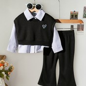 Resim 3 Parça Set: Kızlar İçin Sonbahar Modası Yeni Nakışlı Kolsuz Yelek, Çizgili Uzun Kollu Üst ve Düz Renkli Bol Paçalı Pantolon Günlük Giyim Takımı, Dış Mekan İçin Mükemmel 