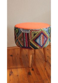 Resim Retro Gürgen Ahşap Ayaklı Dekoratif Etnik Üst Kiremit Desenli Silindir Puf Bench 