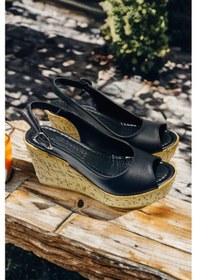 Resim Kadın Mantara Siyah Cilt 10 Cm Dolgu Topuklu Mantar Taban Önü Arkası Acık Ayakkabı Siyah 