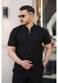 Resim Erkek Yakası Fermuarlı Kısa Kollu T-shirt Siyah 