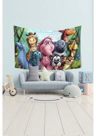 Resim Neşeli Hayvanlar Desenli Duvar Halısı Duvar Örtüsü Çocuk Odası Tapestry Süet Dokulu Kumaş 