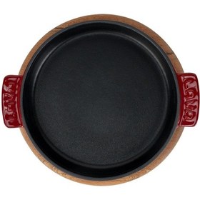 Resim Lava Döküm Yuvarlak Güveç Kabı Döküm Demir Yekpare Çift Kulplu Kayın Servis Ahşabı Çap Ø 17cm.-bordo Bordo 