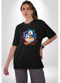 Resim Sevimli Bebek Ejderha Elmas Yumurta Pamuklu Bisiklet Yaka Unisex Oversize Boyfriend Dijital Baskılı Siyah T-shirt Siyah 