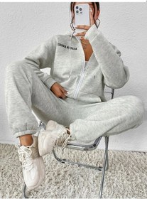 Resim Sierra Nevada Kışlık Hırka Eşofman Altı Alt Üst Takım - Gri Baskılı Fermuarlı Oversize Kapüşonlu Gri 