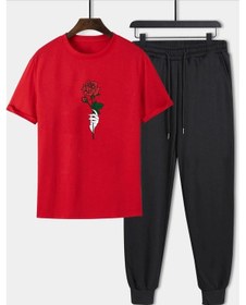 Resim Unisex Rose Baskılı 2'li Eşofman Takımı Kırmızı 