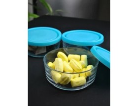 Resim 3'lü Cam 12 cm Saklama Kabı Kapaklı Kahvaltılık Mavi 
