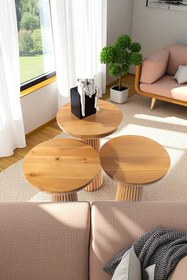 Resim Simillo Home&Living Wood Wooden 3’lü Set Fitilli Mantar Yan Sehpa Modern Tütün Renk Fiskos 