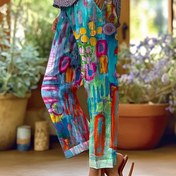 Resim Kadınların Canlı Çiçek Baskılı Bol Kesim Pantolonu Elastik Bel ile - Günlük Yazlık Polyester Pantolonlar, Makinede Yıkanabilir, Renkli Soyut Tasarım, Rahat Giyimli 