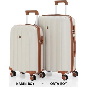 Resim Mçs Bavul Orta Ve Kabin 2li Set Kırılmaz Silikon Valiz V305 Kemik/kahve Kemik 