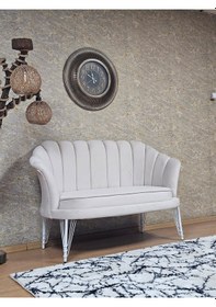 Resim Zafir İkili İstiridye Beyaz Boyalı Telli Ayak Çay Seti Koltuk Tekli Berjer , İkili Berjer Koltuk Krem 