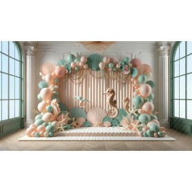 Resim Venspor Deniz Atı ve Deniz Kabuğu Temalı Arkaplan 200 x 150 cm Fon Duvar Örtüsü 