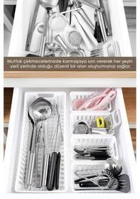 Resim 5 Parça Modüler Kaşıklık Seti - Çok Amaçlı Çekmece İçi Düzenleyici Mutfak Organizer Kepçelik Beyaz 
