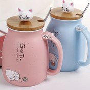 Resim 1 Bardak 1 Kapak 1 Kaşık Karikatür Sevimli Kedi Seramik Bardak, 420ml, Yuvarlak, Tekrar Kullanılabilir, Elde Yıkanabilir, Hayvan Deseni ile, Festival Hediyesi, Kahvaltı, Süt için 