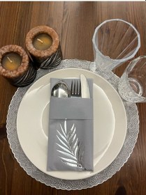 Resim Gümüş Yaldızlı Kumaş Dokulu Air Laid Kanguru Yaprak Gri Cepli Peçete 6 Lı 