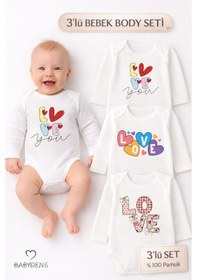 Resim Babyden's Love Temalı 3 Lü Bebek Body Seti %100 Pamuk Uzun Kollu Çıtçıtlı Bebek Zıbını Unisex Beyaz 