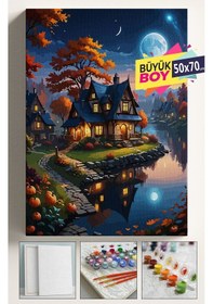 Resim Sayılarla Boyama Seti Numaralı Tuval Fırça Boya Dahil Kasnaklı Set 50x70 Cm - Ay Işığı Göl 