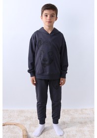 Resim Erkek Çocuk Kapşonlu Eşofman Takımı Kurt Baskılı F10 Füme 