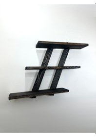 Resim Doğal Ahşap Dekoratif Simetrik Duvar Rafı,3 Katlı Vintage, Siyah 