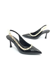 Resim Feles Zımba Şerit Detaylı Arkası Açık Stiletto Kadın Topuklu Ayakkabı Siyah 