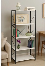 Resim 5 Raflı Çok Amaçlı Metal Ve Ahşap Dolap Kitaplık, Mutfak, Kırtasiye Ve Banyo Rafı 60x30x150 Cm Beyaz 